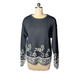 Cheryl Tiegs Elegant Black Sweater Cream Floral Design Long Sleeve Holiday EUC